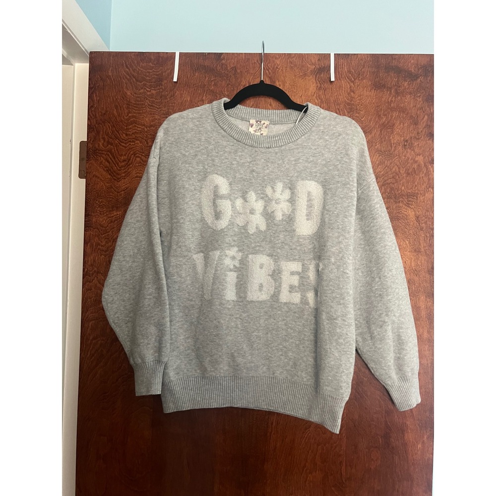 Hippie Rose Sweater Womens Small Grey Good Vibes Graphic Knit Top